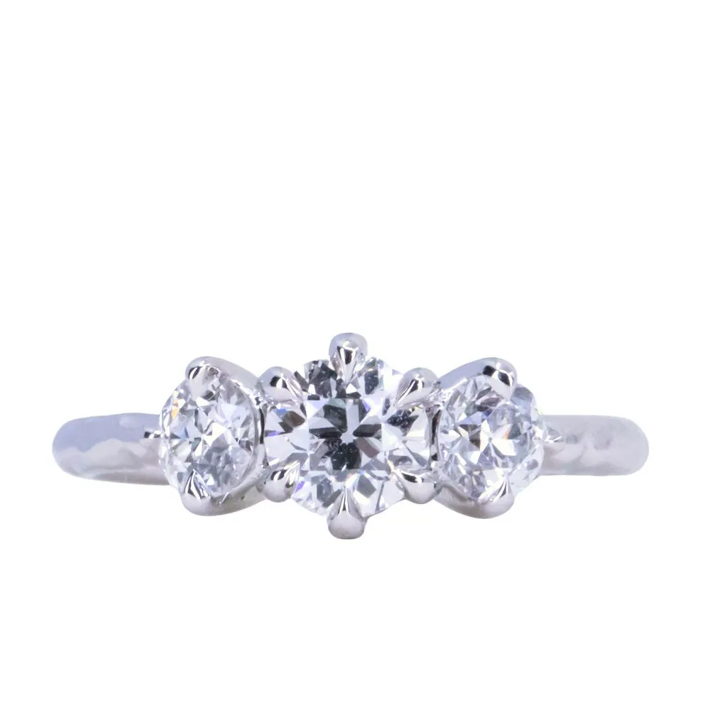 0.60ct Center Antique Old European Cut Diamond Three Stone Evergreen Ring in 14k White Gold