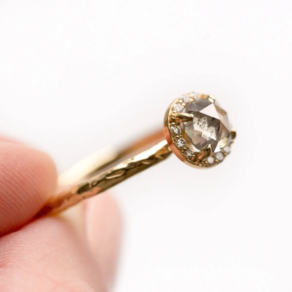 0.67ct Silver Grey Rosecut Diamond in Yellow Gold Diamond Halo - Salt and Pepper Diamond - Hand Carved Eclectic Band