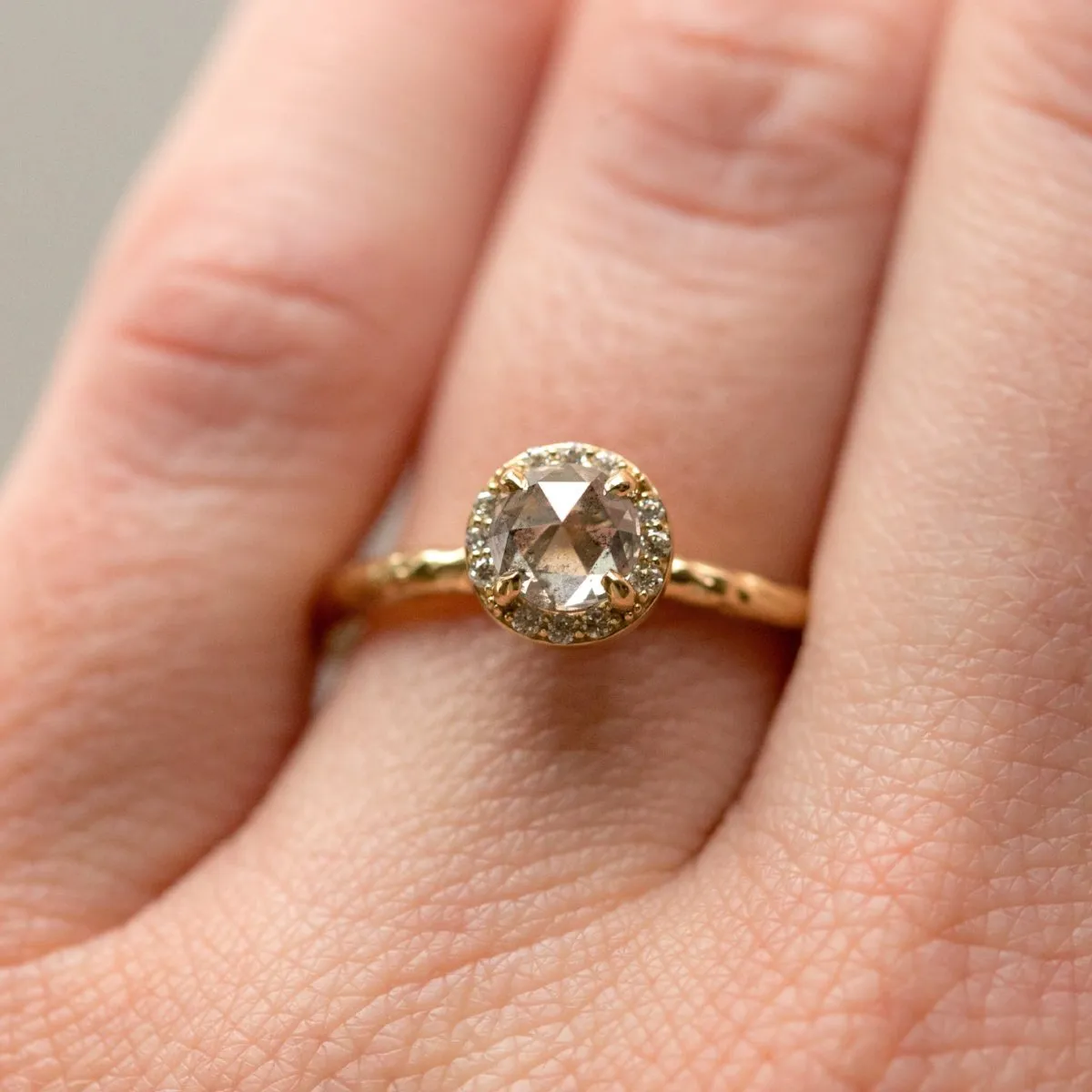 0.67ct Silver Grey Rosecut Diamond in Yellow Gold Diamond Halo - Salt and Pepper Diamond - Hand Carved Eclectic Band