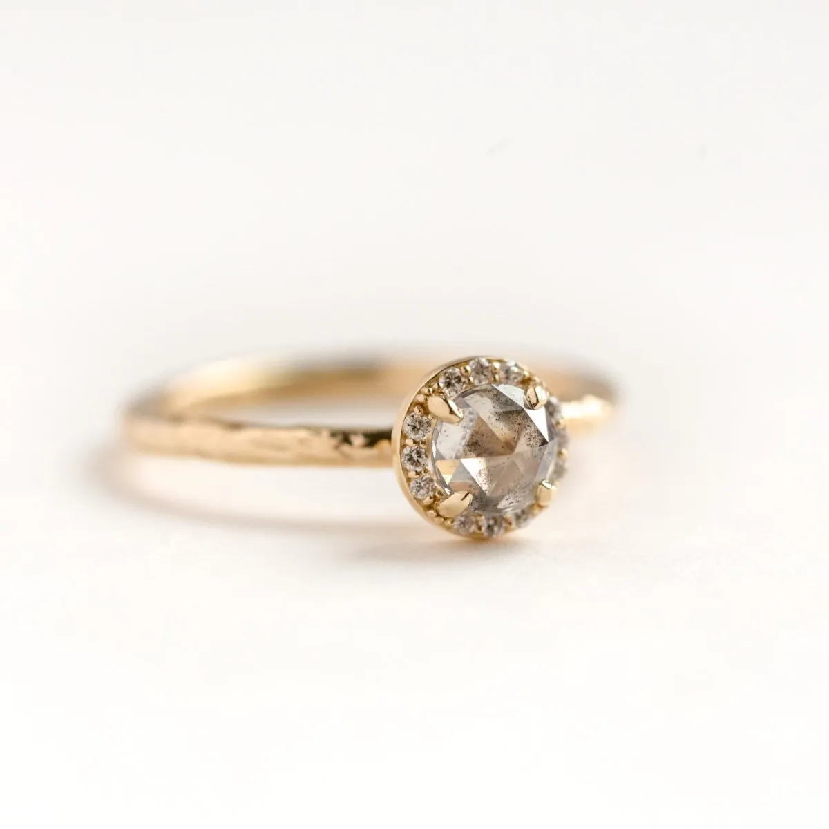 0.67ct Silver Grey Rosecut Diamond in Yellow Gold Diamond Halo - Salt and Pepper Diamond - Hand Carved Eclectic Band