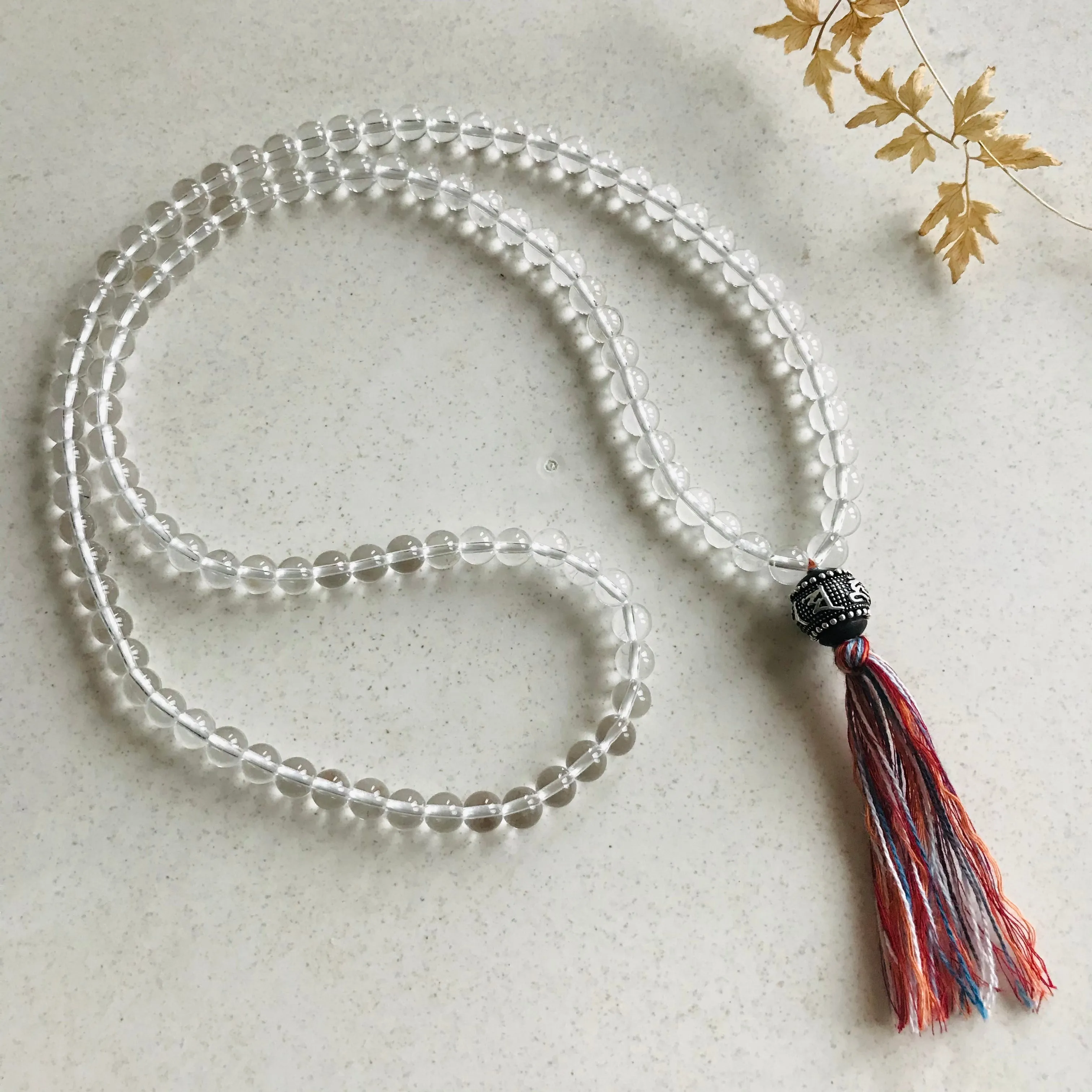 108 Prayer Beads 6mm Natural Clear Quartz | Elastic Beaded Necklace Handmade Jewelry with Ebony Wood Sterling Silver Bead | Healing Stone Mala Meditation