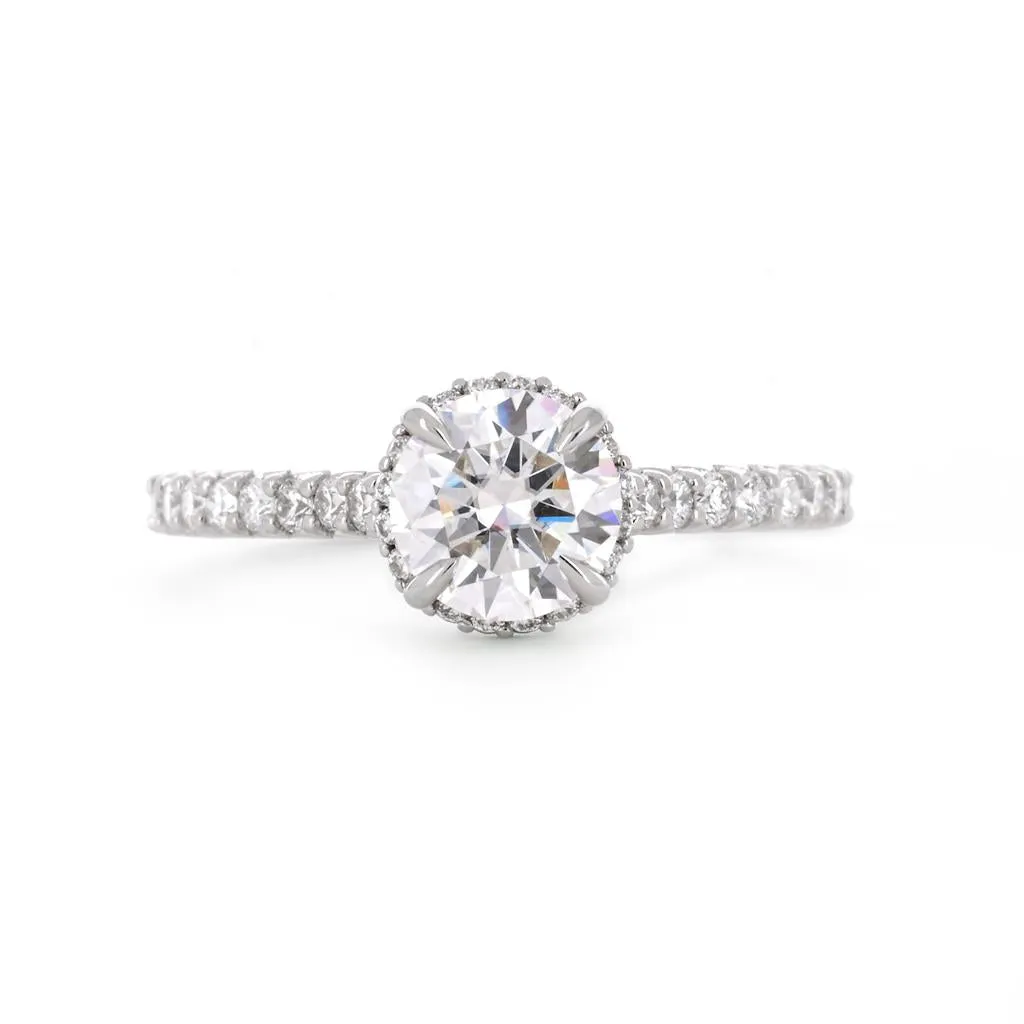 1.42tw Round Moissanite   Diamond Engagement Ring, Halo, Pavê Band, Cathedral - 14K White Gold