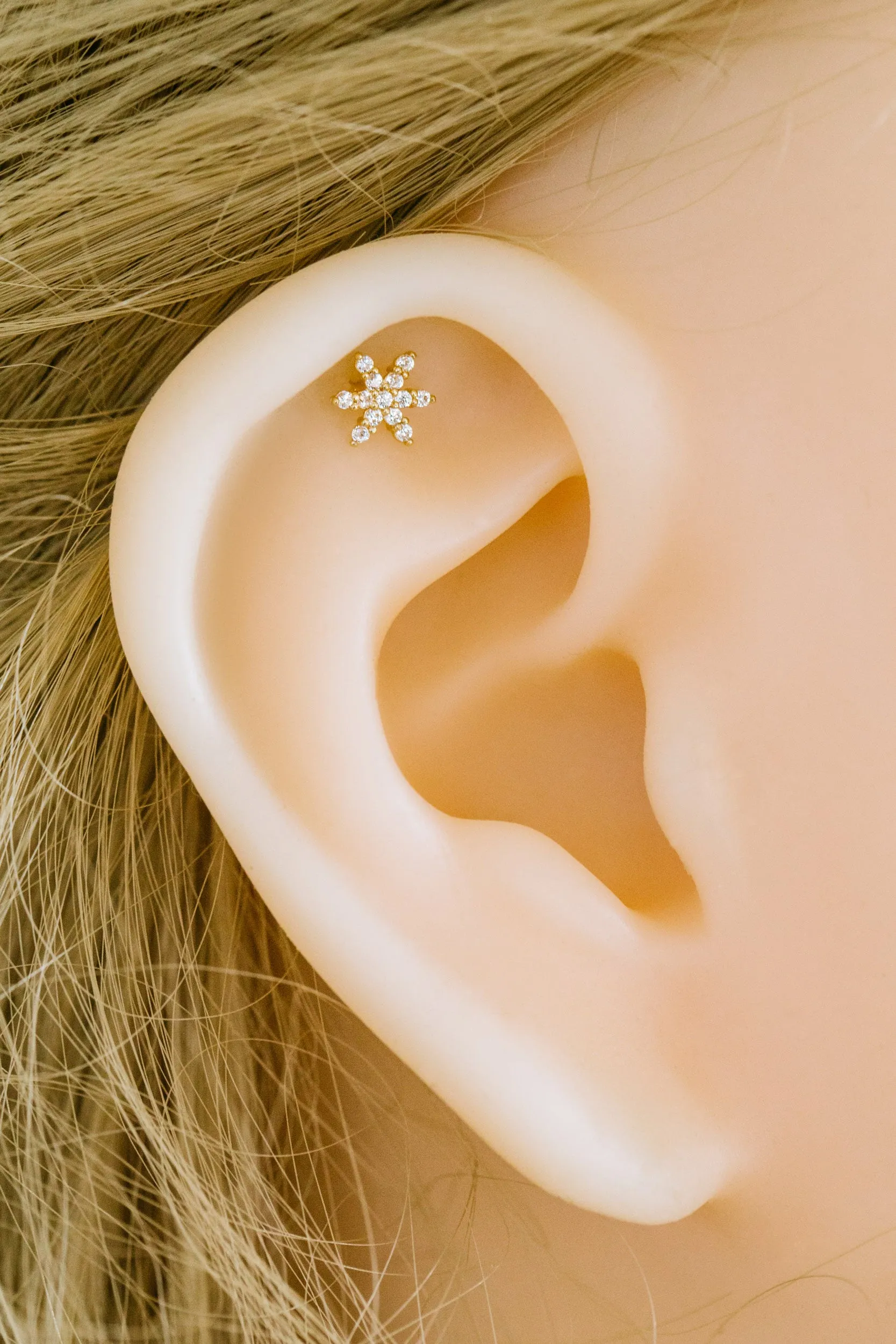 14k Gold Cubic Sharp Petal Flower Barbell Ear Stud Piercing