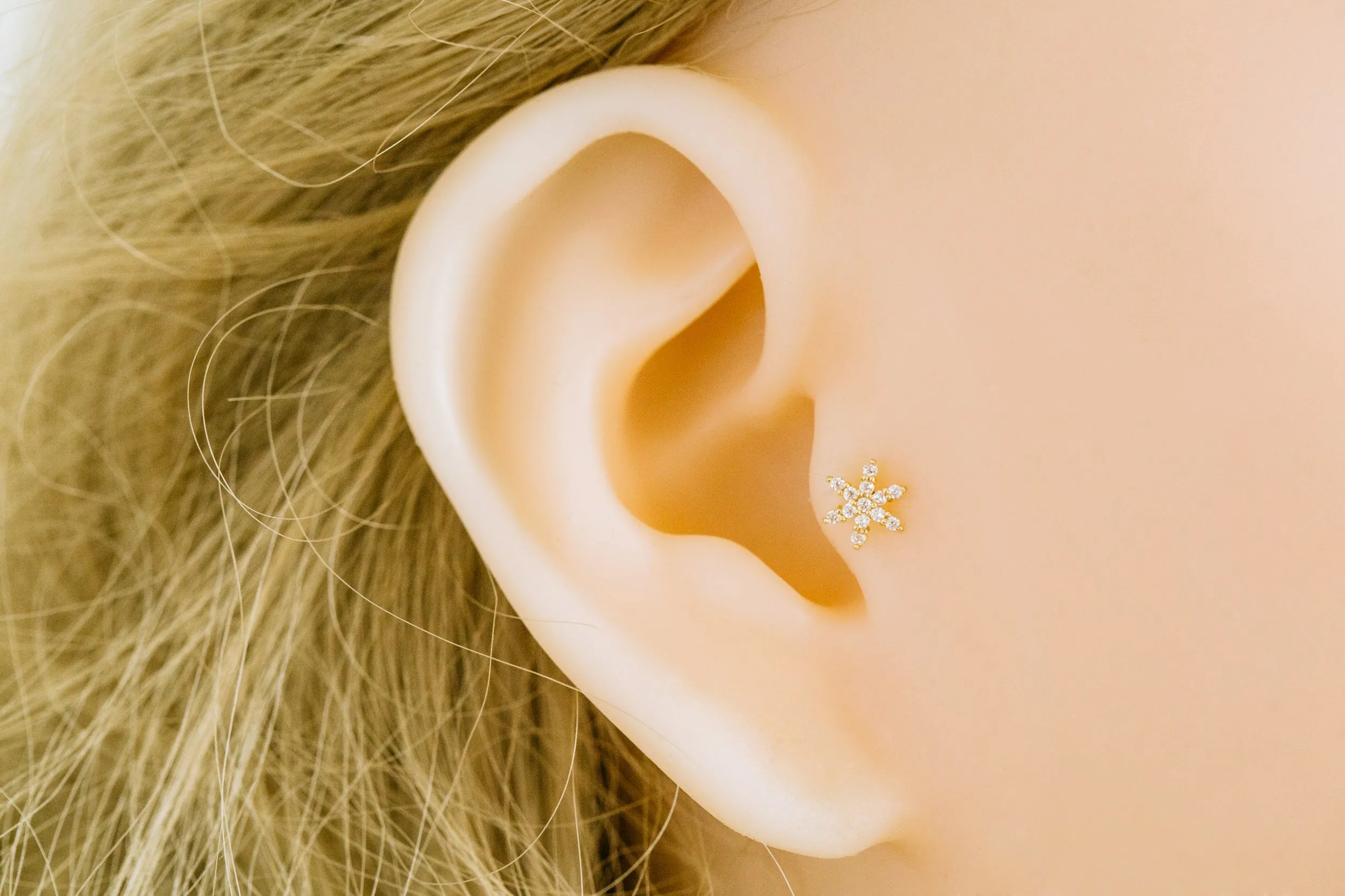 14k Gold Cubic Sharp Petal Flower Barbell Ear Stud Piercing