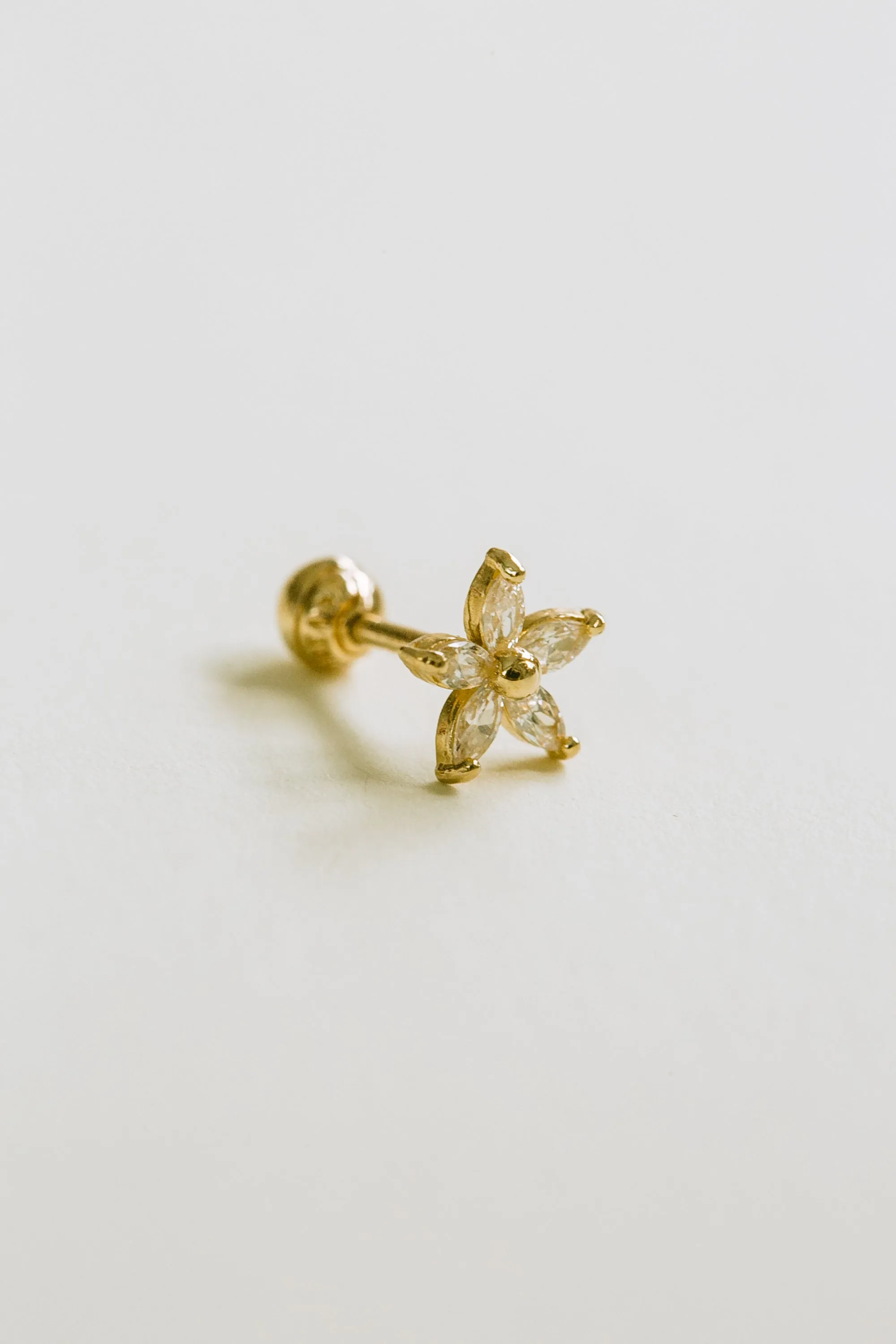 14k Gold Cubic Sharp Petal Flower Pendant Barbell Ear Stud Piercing