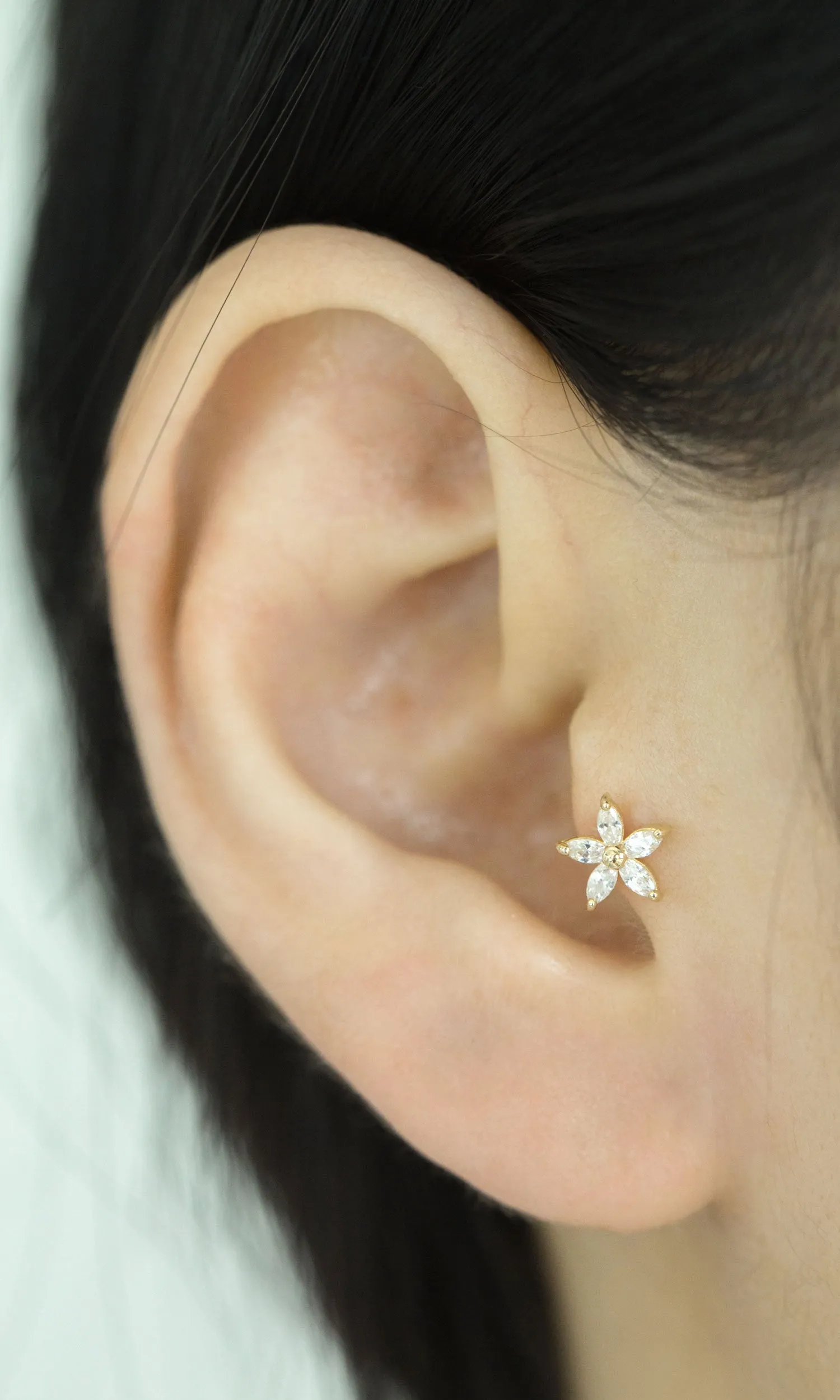 14k Gold Cubic Sharp Petal Flower Pendant Barbell Ear Stud Piercing