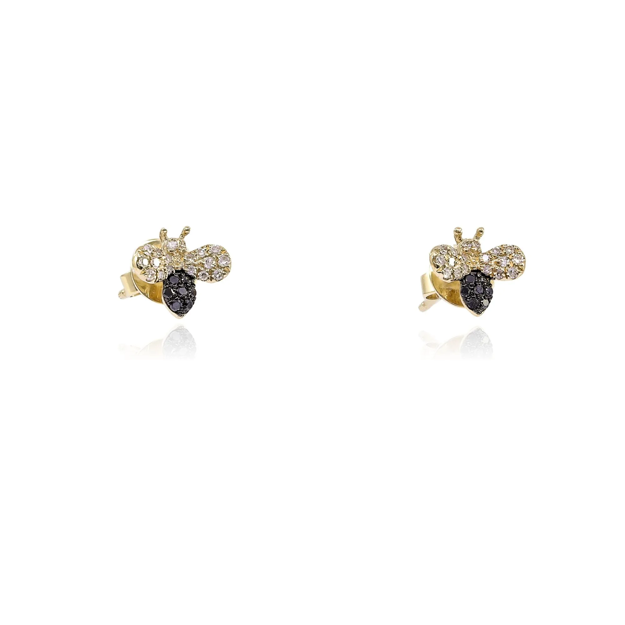 14K YELLOW GOLD BLACK AND WHITE DIAMOND BUMBLEBEE STUD EARRINGS