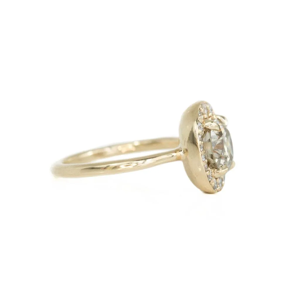 1.58ct Round Champagne Diamond in Oval-esque tapered Diamond Halo, 14k Yellow Gold