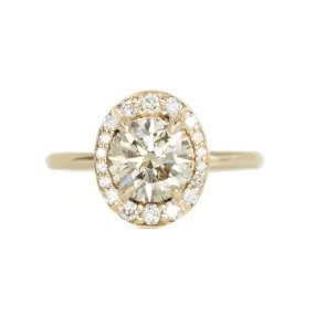 1.58ct Round Champagne Diamond in Oval-esque tapered Diamond Halo, 14k Yellow Gold