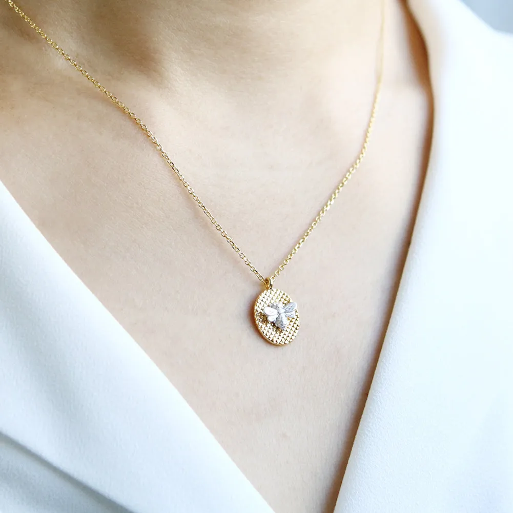 2 tone Honeybee and Oval Pendant necklace