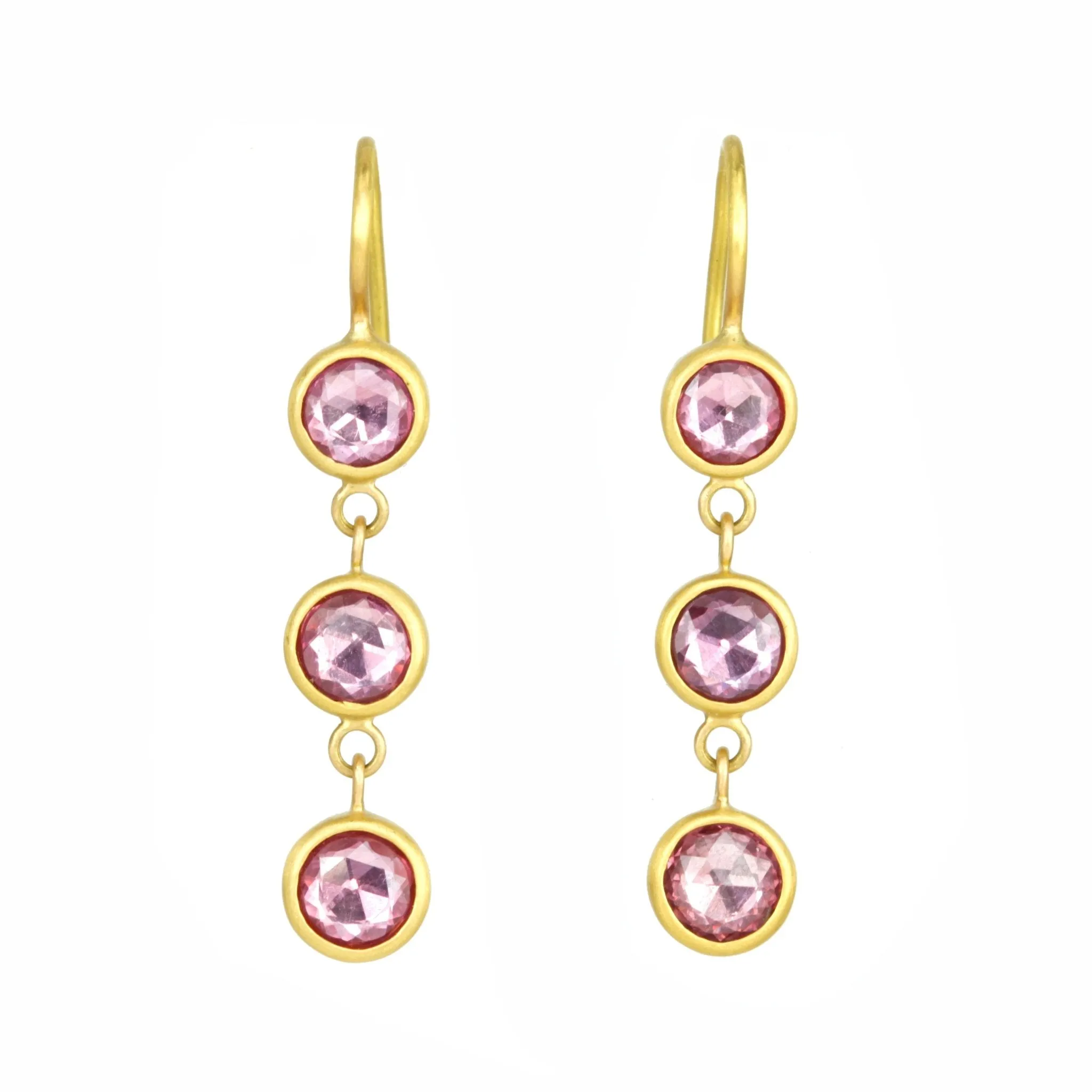 22K Gold Bezel-Set Rose Cut Pink Sapphire Triple Drop Earrings