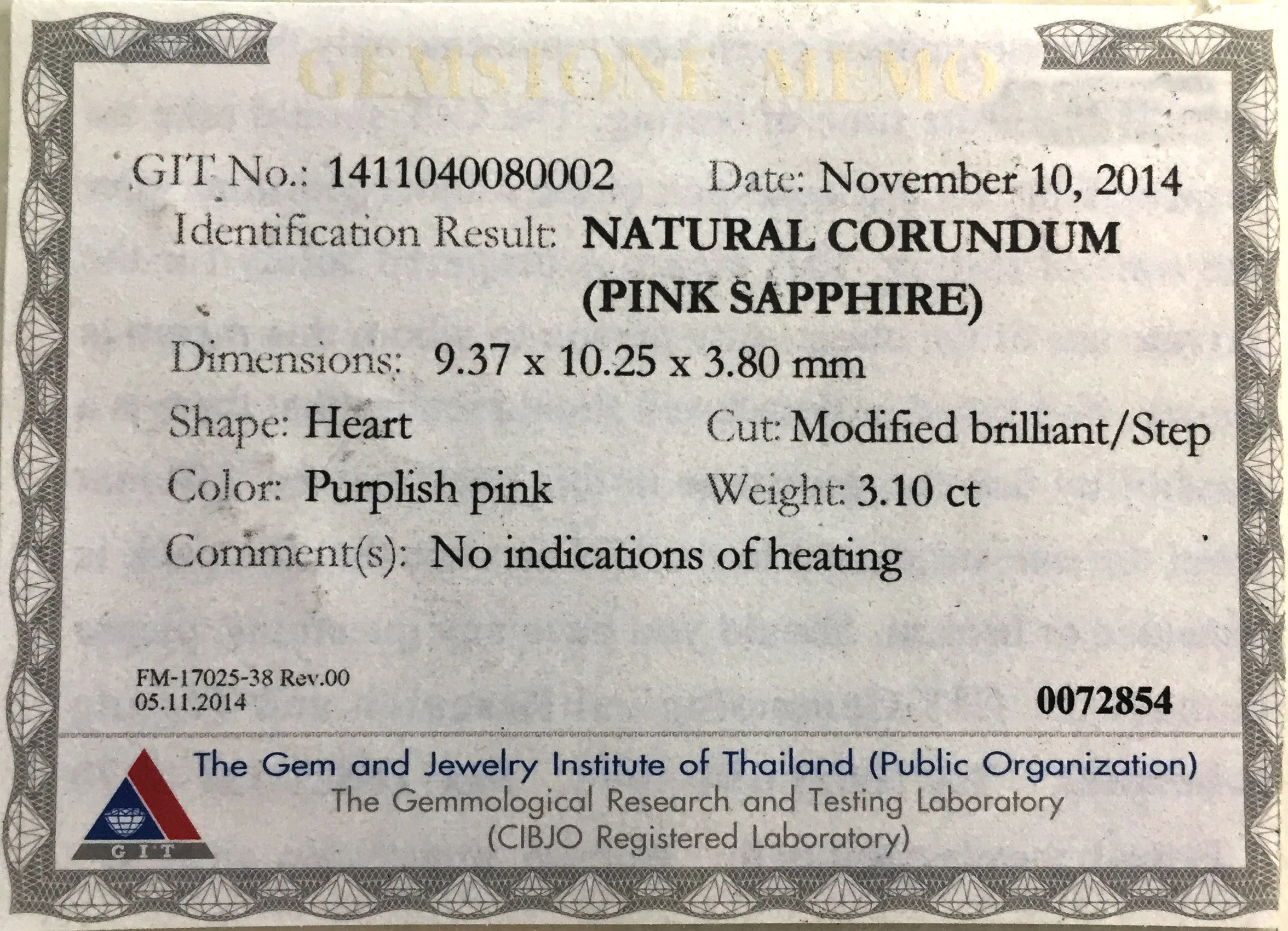 3 CARAT NATURAL SAPPHIRE PURPLISH PINK HEART SHAPE LOOSE GEMSTONE GIT CERTIFIED 3 CT PINK SAPPHIRE  BY MIKE NEKTA NYC