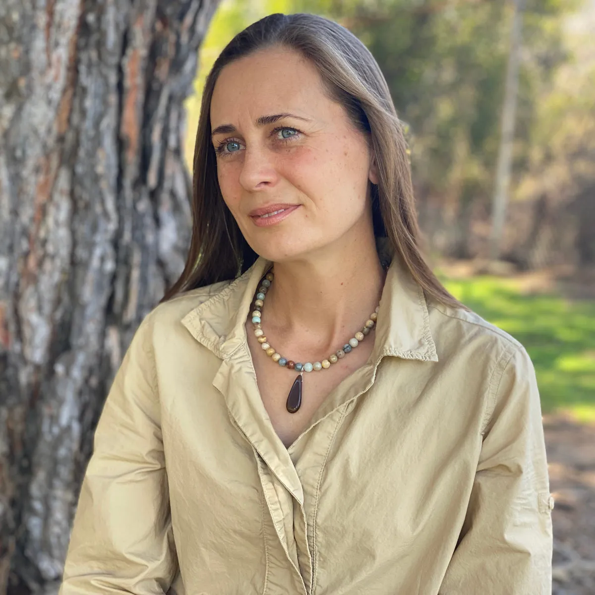 Amazonite, Jasper and Smoky Quartz Necklace for Understanding Self Worth