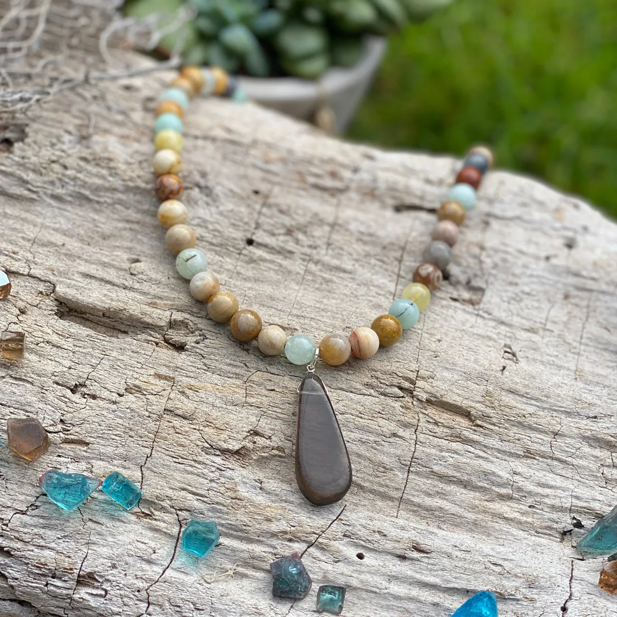 Amazonite, Jasper and Smoky Quartz Necklace for Understanding Self Worth