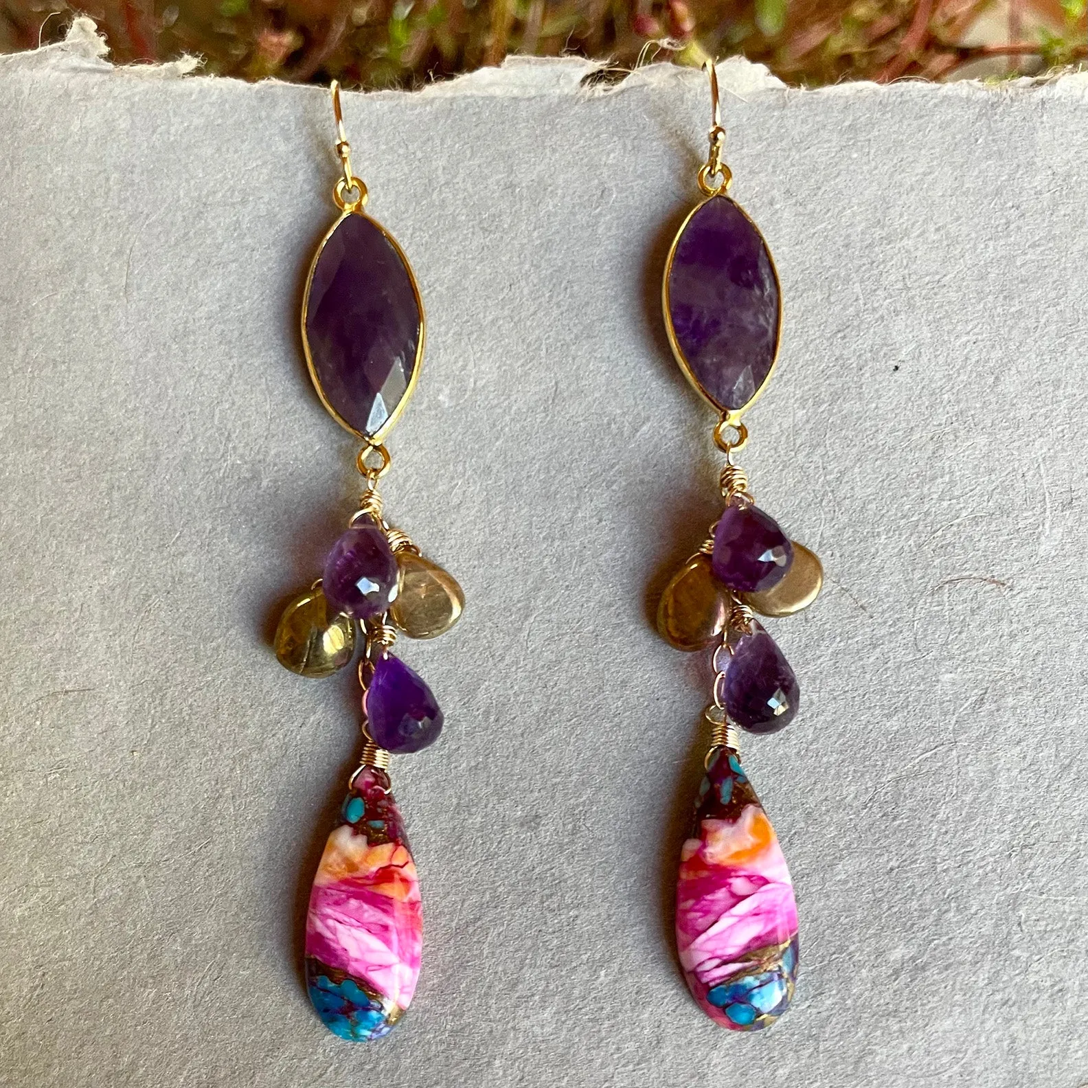 Amethyst and pink turquoise cascade earrings, OOAK