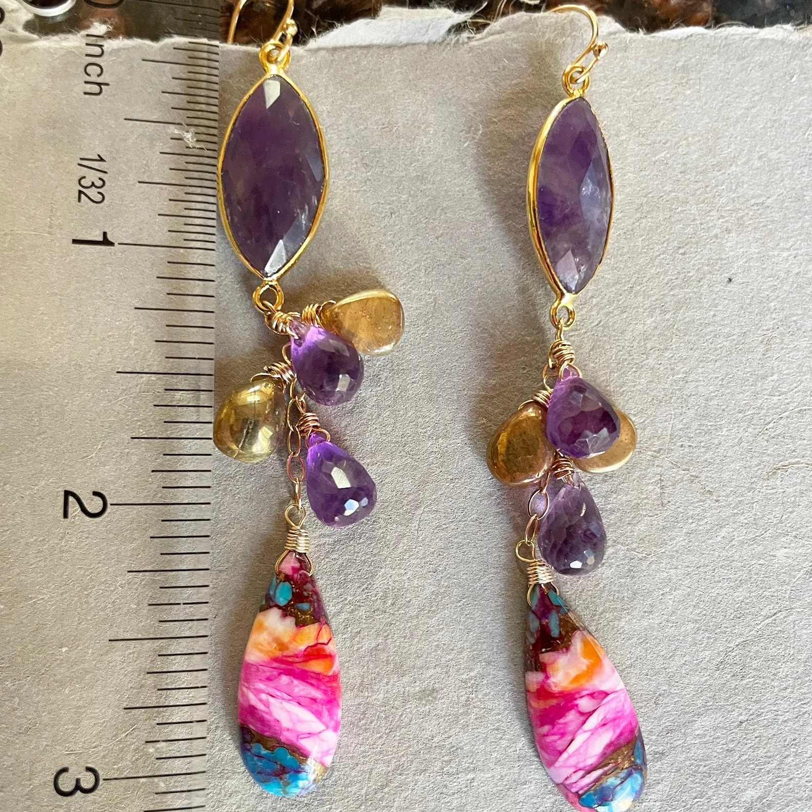 Amethyst and pink turquoise cascade earrings, OOAK