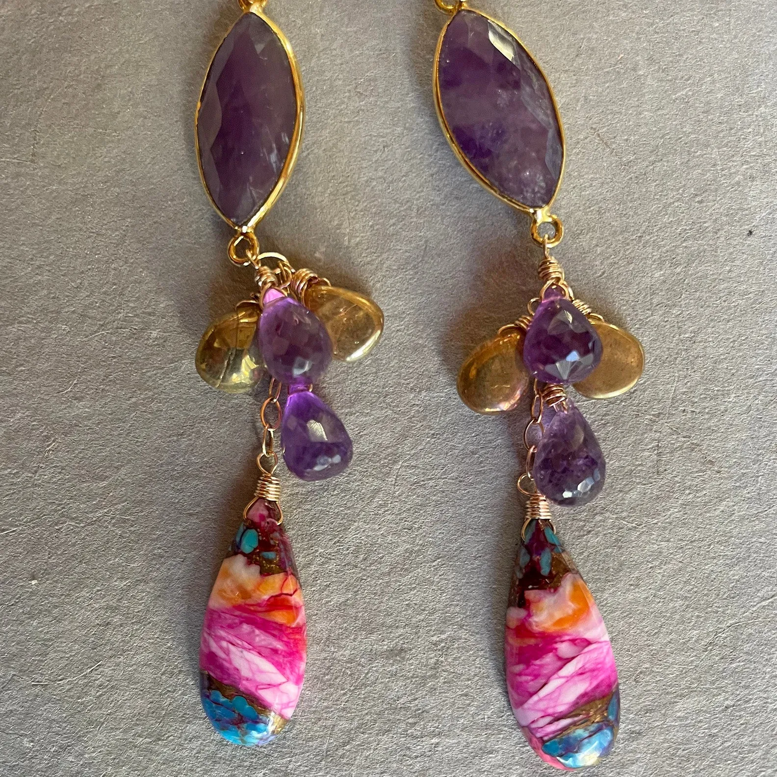 Amethyst and pink turquoise cascade earrings, OOAK