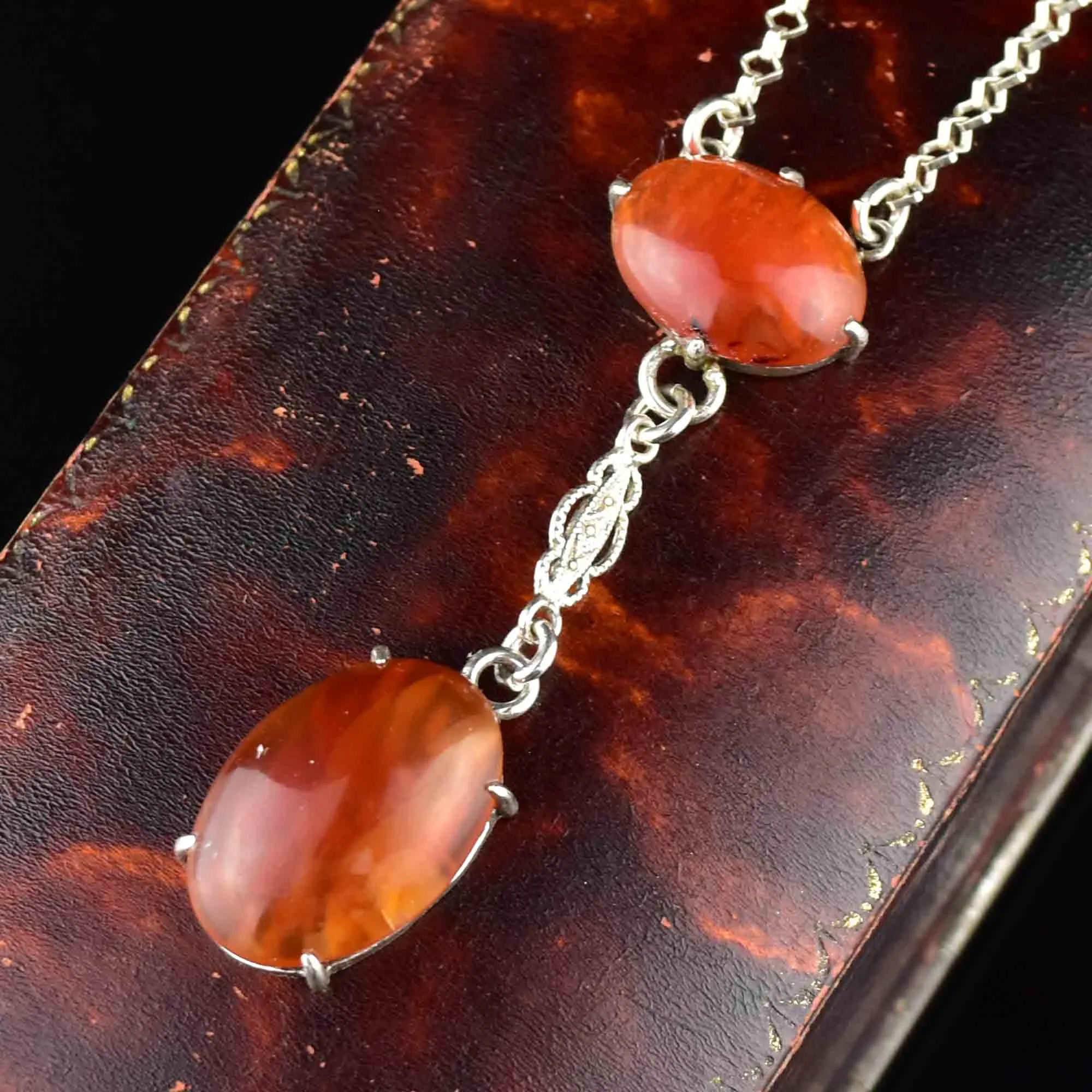 Art Deco Style Silver Carnelian Pendant Necklace