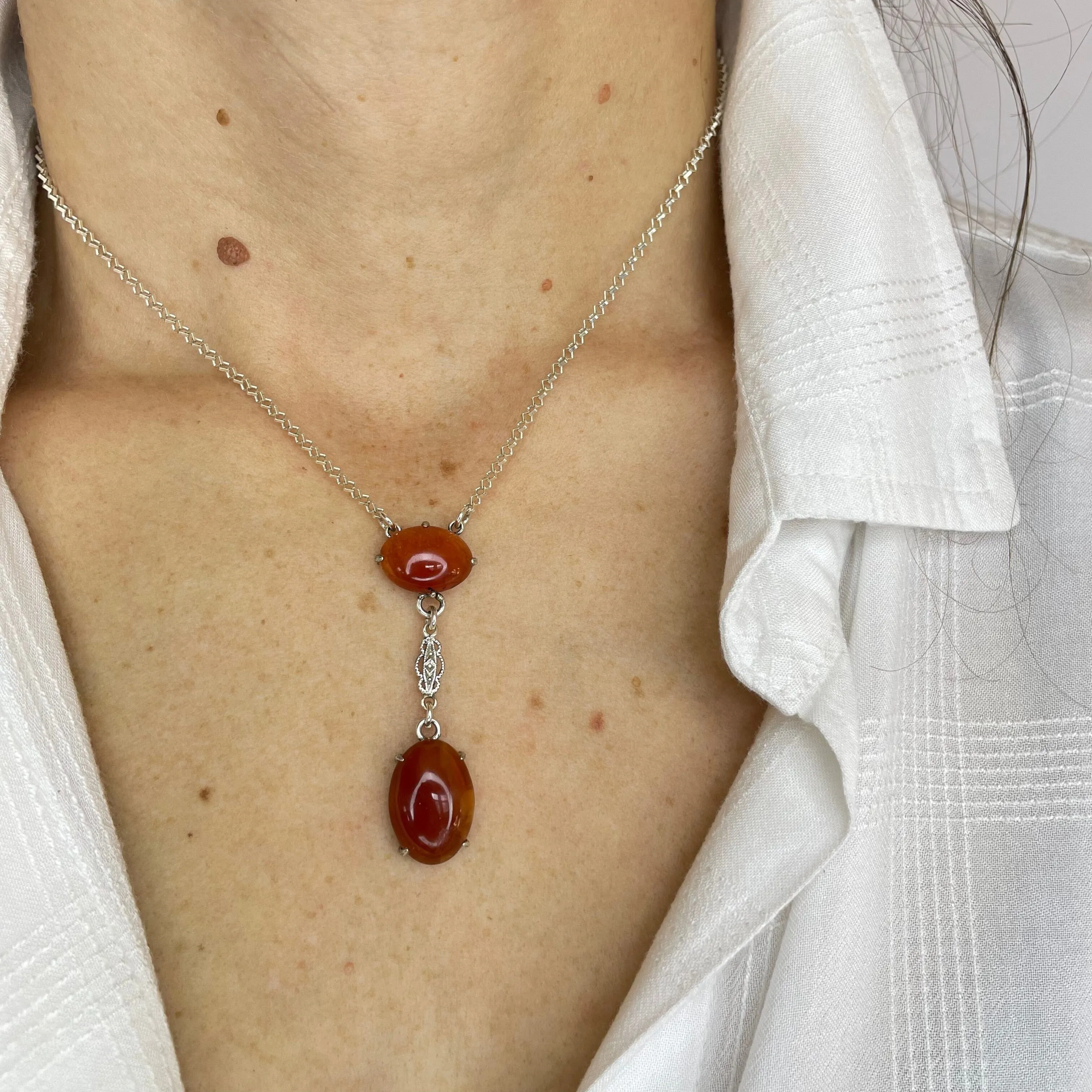 Art Deco Style Silver Carnelian Pendant Necklace