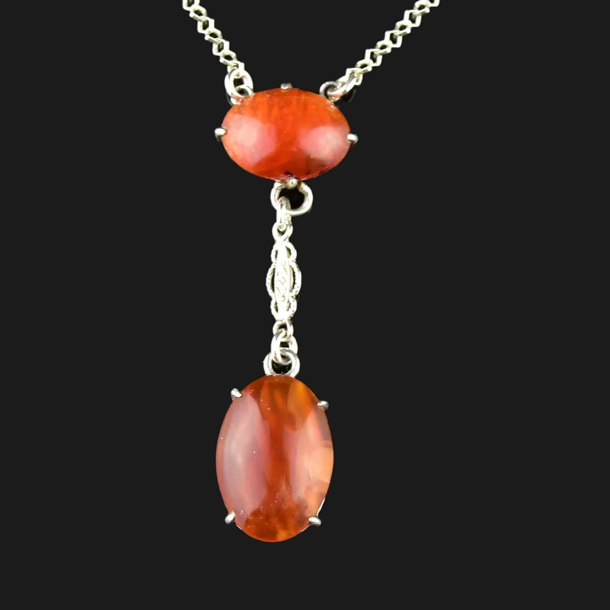 Art Deco Style Silver Carnelian Pendant Necklace