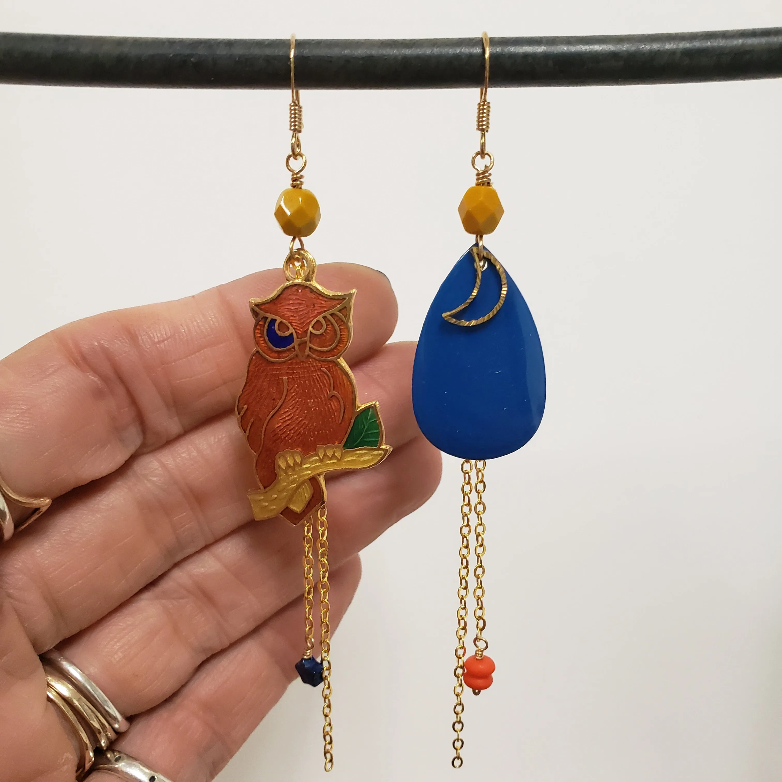 Asymmetric Cloisonne Night Owl Earrings