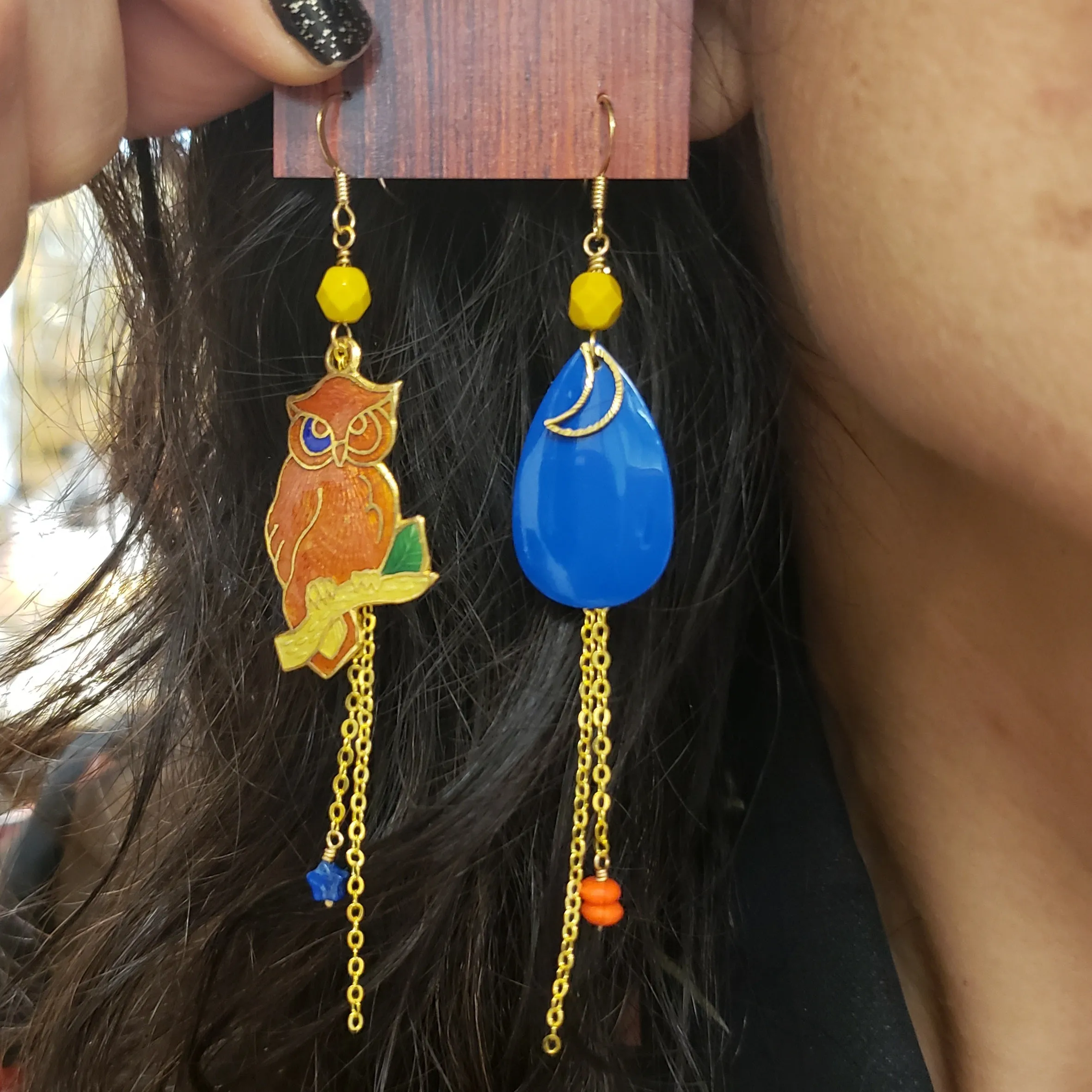 Asymmetric Cloisonne Night Owl Earrings