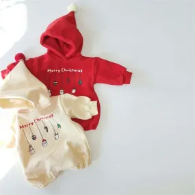 Baby Boys Girls Solid Cartoon Christmas Print Wool Ball Hooded Bodysuit Creeper