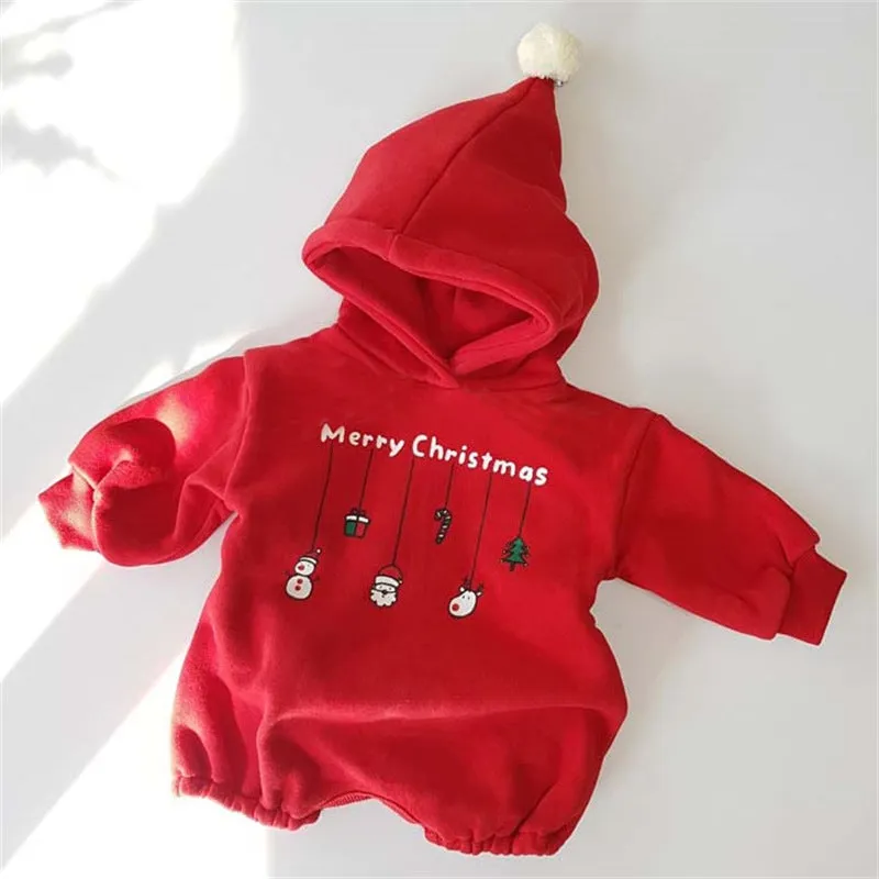 Baby Boys Girls Solid Cartoon Christmas Print Wool Ball Hooded Bodysuit Creeper