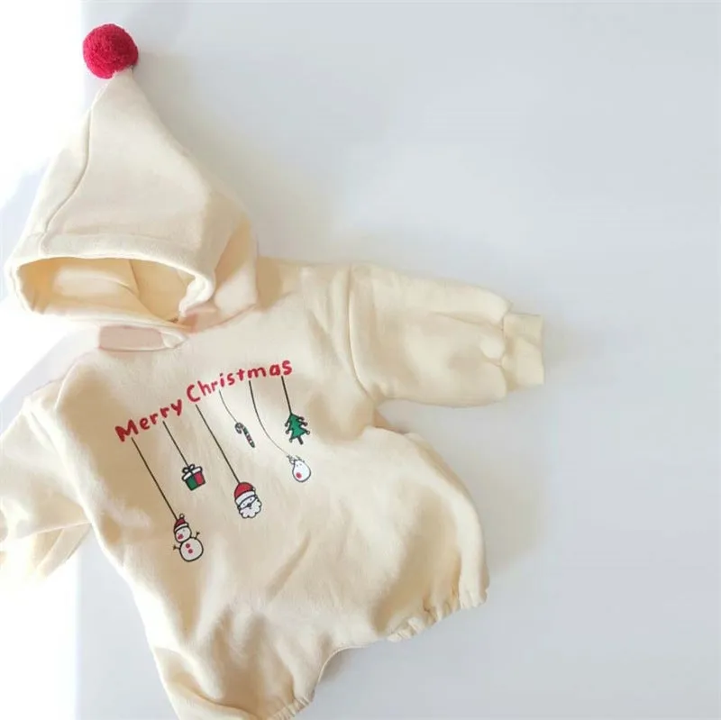 Baby Boys Girls Solid Cartoon Christmas Print Wool Ball Hooded Bodysuit Creeper