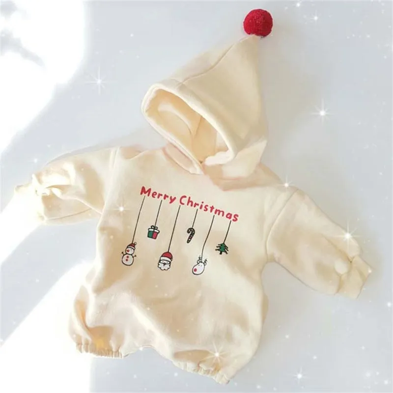 Baby Boys Girls Solid Cartoon Christmas Print Wool Ball Hooded Bodysuit Creeper