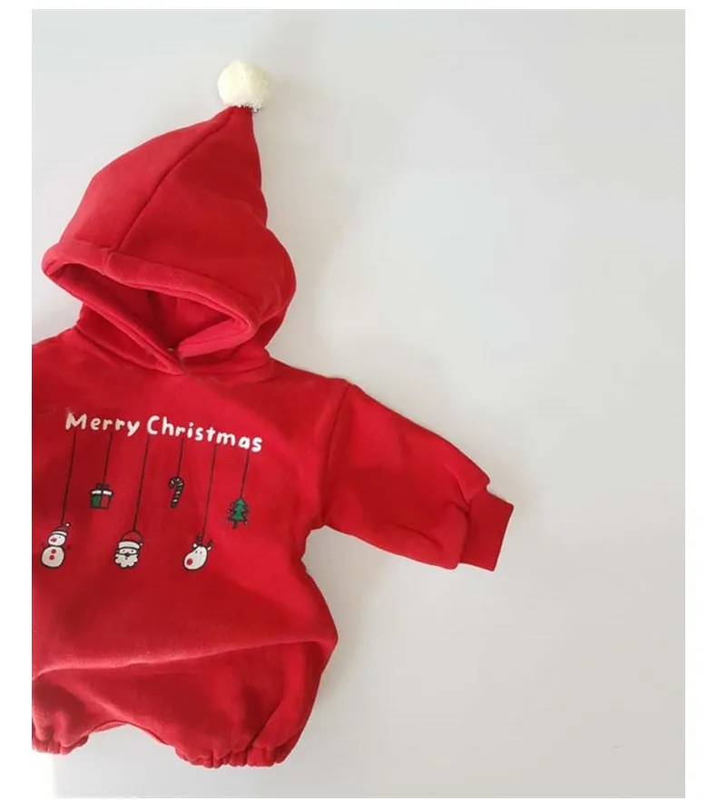 Baby Boys Girls Solid Cartoon Christmas Print Wool Ball Hooded Bodysuit Creeper