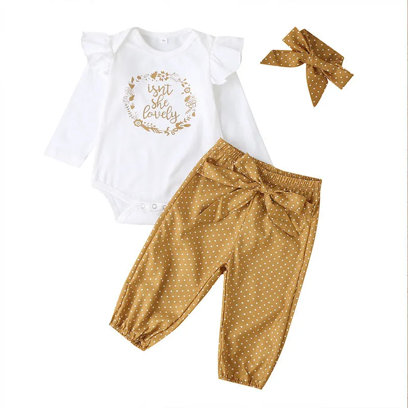 Baby Girl Solid Color Letters Long Sleeve Jumpsuit Polka Dot Print Pants Hair Band 3PCS