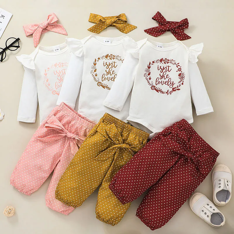 Baby Girl Solid Color Letters Long Sleeve Jumpsuit Polka Dot Print Pants Hair Band 3PCS