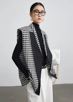 Black White Plaid Wool Blend Blazer Vest