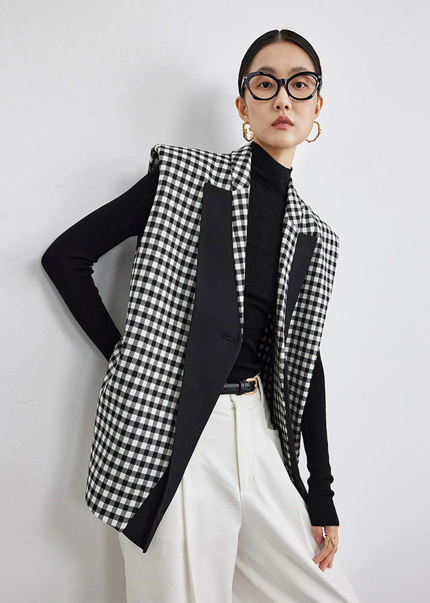 Black White Plaid Wool Blend Blazer Vest