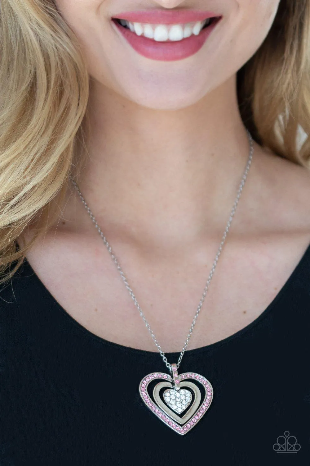 Bless Your Heart Pink and White Rhinestone Heart Necklace - Paparazzi Accessories