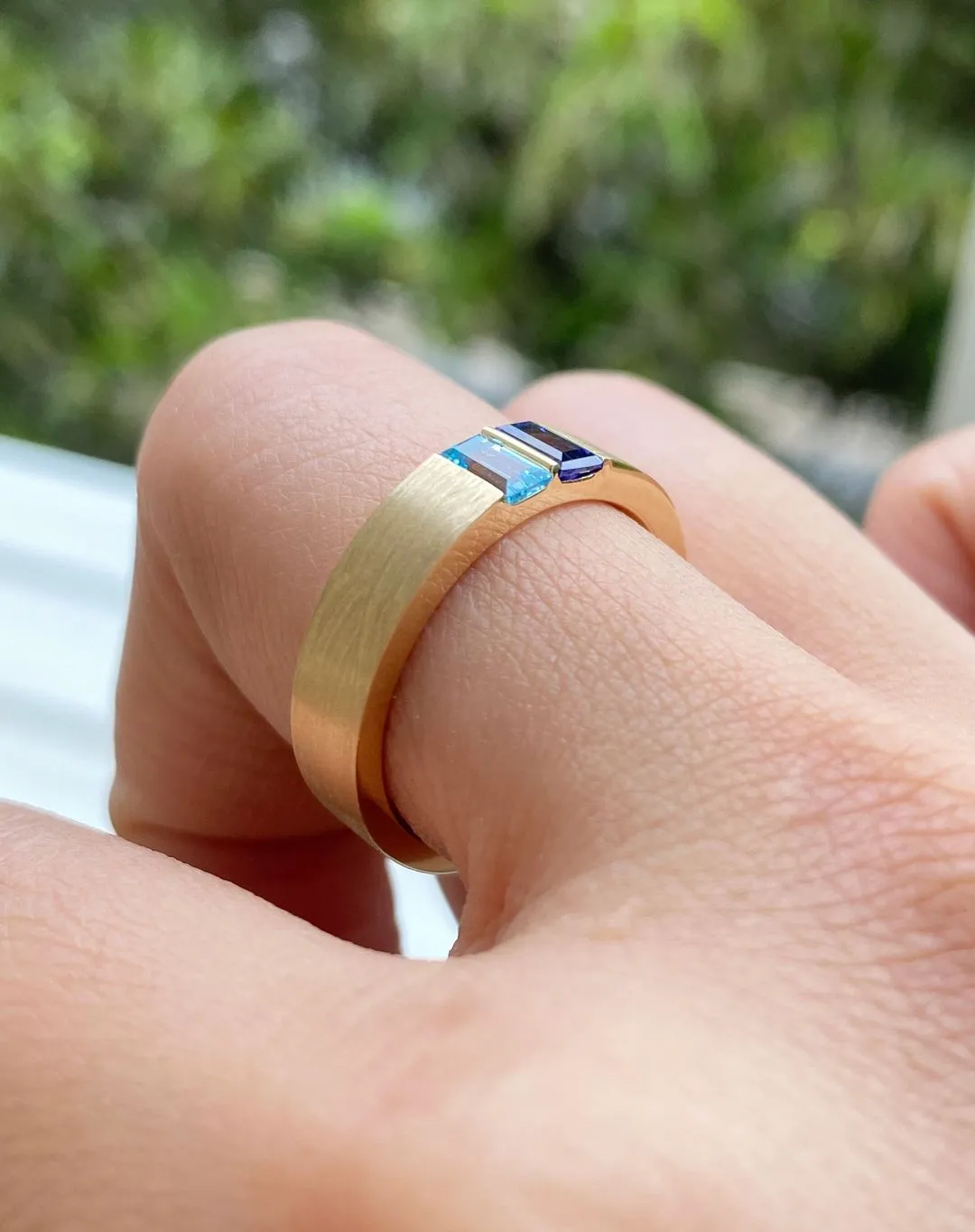 Blue Emerald Cut Bezel Band | Bezel Wedding Band