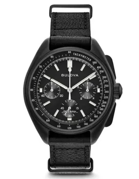 Bulova Mens Special Edition Lunar Pilot Chronograph - Black Metal -Black Leather