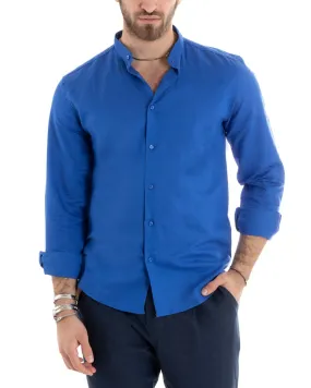 Camicia Uomo Collo Coreano Manica Lunga Lino Tinta Unita Sartoriale Blu Royal GIOSAL-C2669A