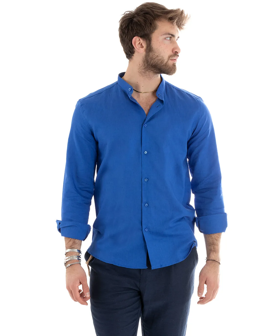 Camicia Uomo Collo Coreano Manica Lunga Lino Tinta Unita Sartoriale Blu Royal GIOSAL-C2669A