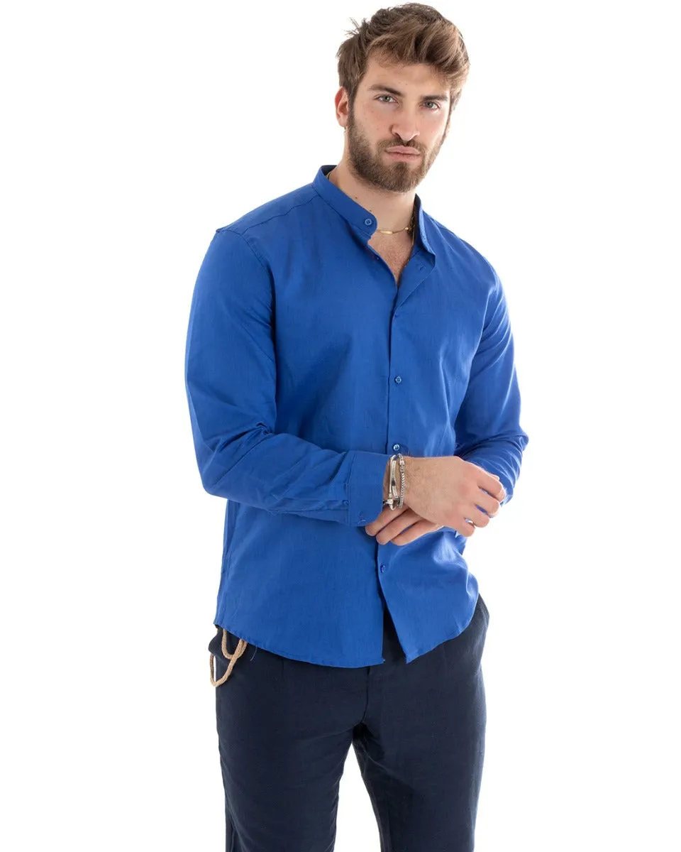 Camicia Uomo Collo Coreano Manica Lunga Lino Tinta Unita Sartoriale Blu Royal GIOSAL-C2669A