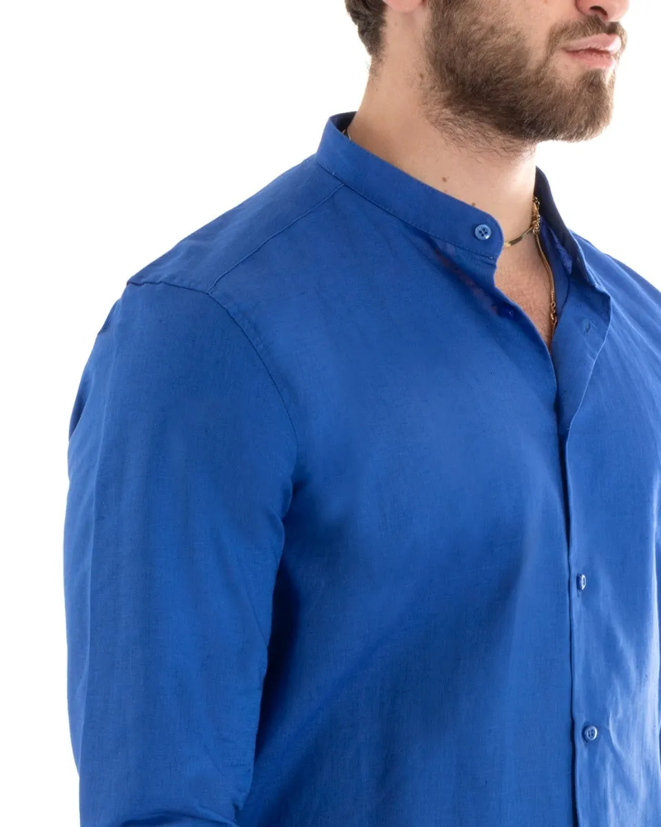 Camicia Uomo Collo Coreano Manica Lunga Lino Tinta Unita Sartoriale Blu Royal GIOSAL-C2669A