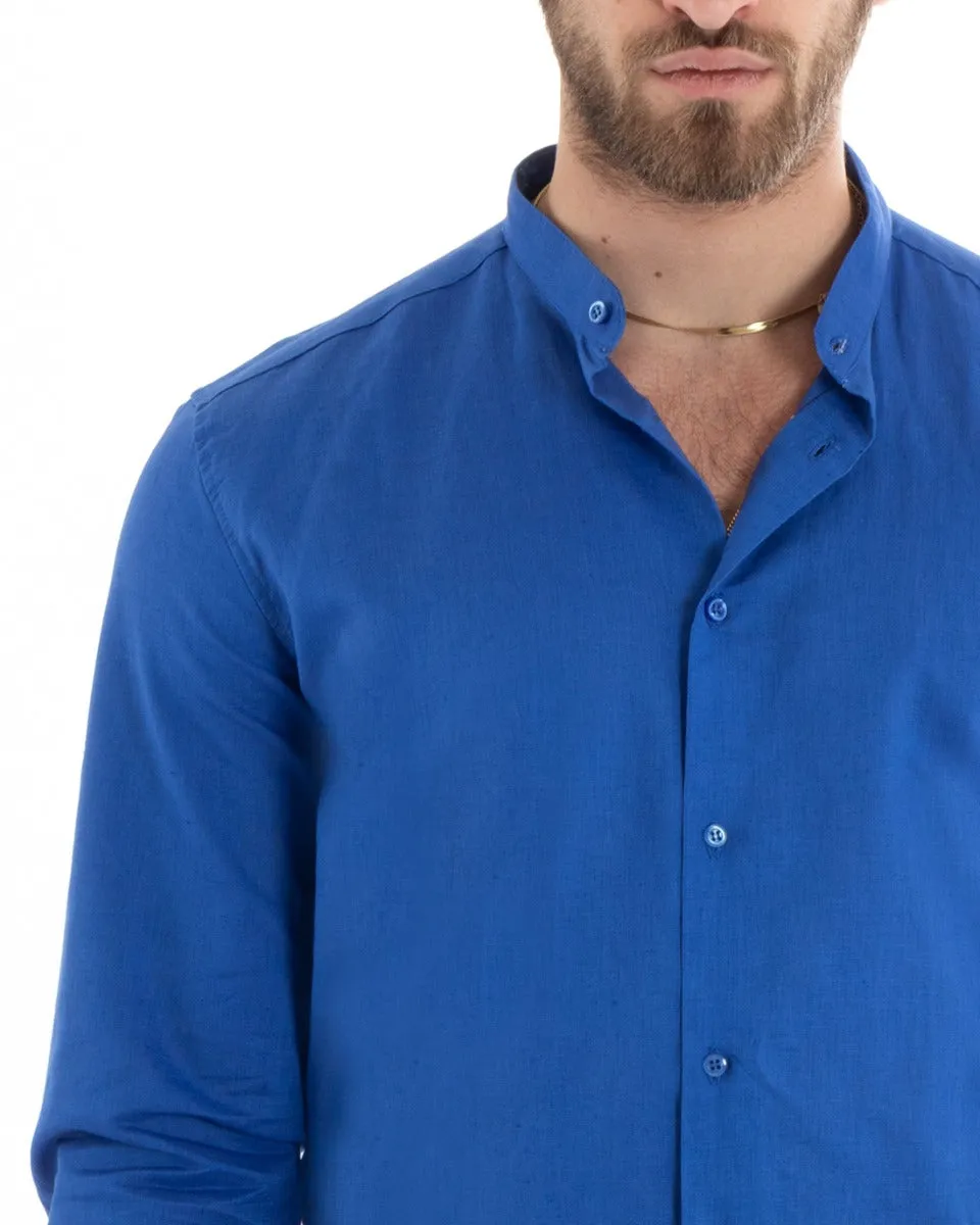 Camicia Uomo Collo Coreano Manica Lunga Lino Tinta Unita Sartoriale Blu Royal GIOSAL-C2669A