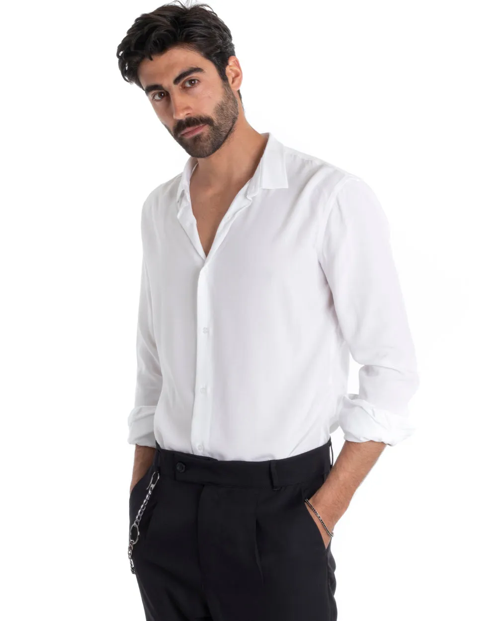 Camicia Uomo Sartoriale Con Colletto Manica Lunga Basic Viscosa Morbida Bianco GIOSAL-C2364A