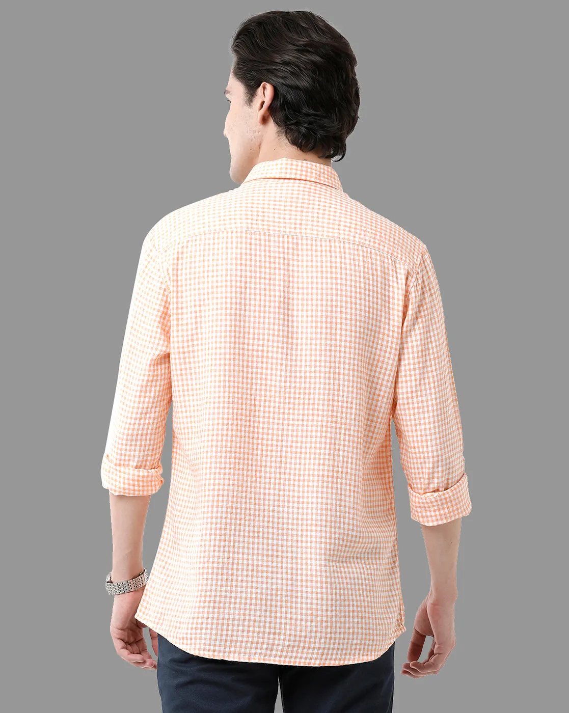 Classic Polo Mens Cotton Full Sleeve Checked Slim Fit Polo Neck Peach Color Woven Shirt | Sfrn2-01 B