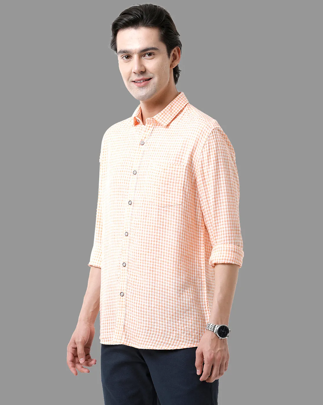 Classic Polo Mens Cotton Full Sleeve Checked Slim Fit Polo Neck Peach Color Woven Shirt | Sfrn2-01 B