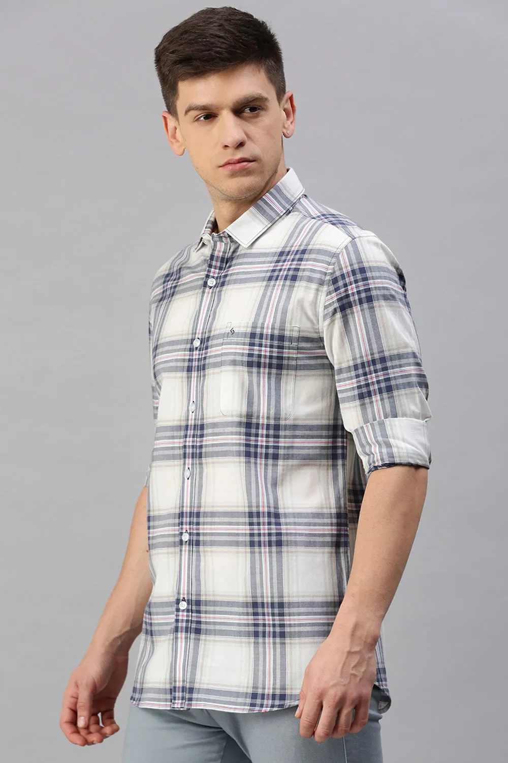 Classic Polo Men's Cotton Full Sleeve Checked Slim Fit Polo Neck White Color Woven Shirt | So1-110 A