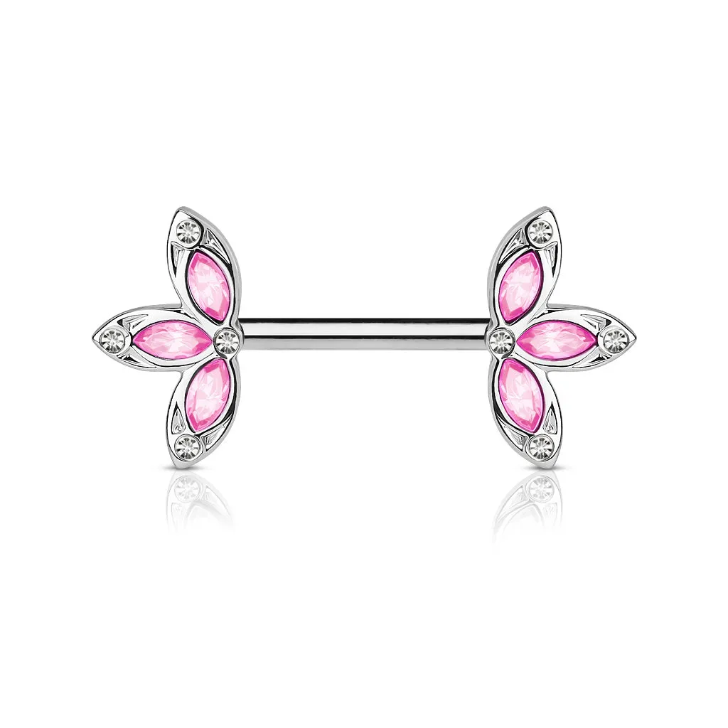 Crystal Set Three Petal Flower Ends 316L Surgical Steel Nipple Barbell