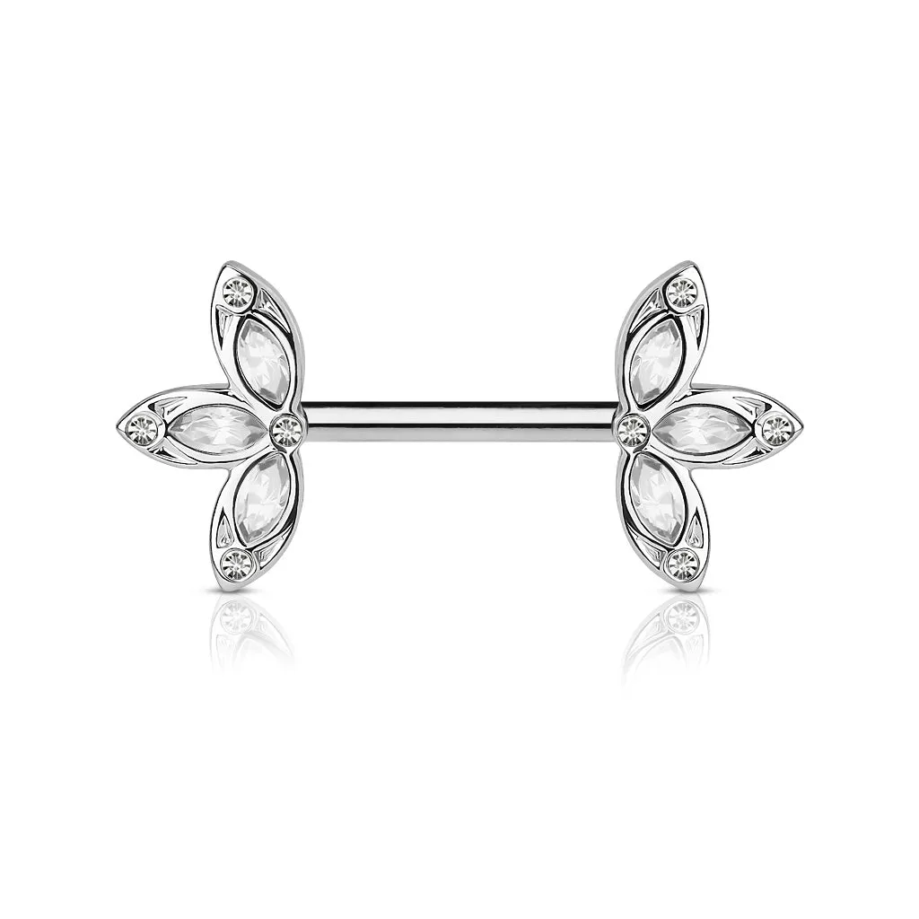 Crystal Set Three Petal Flower Ends 316L Surgical Steel Nipple Barbell