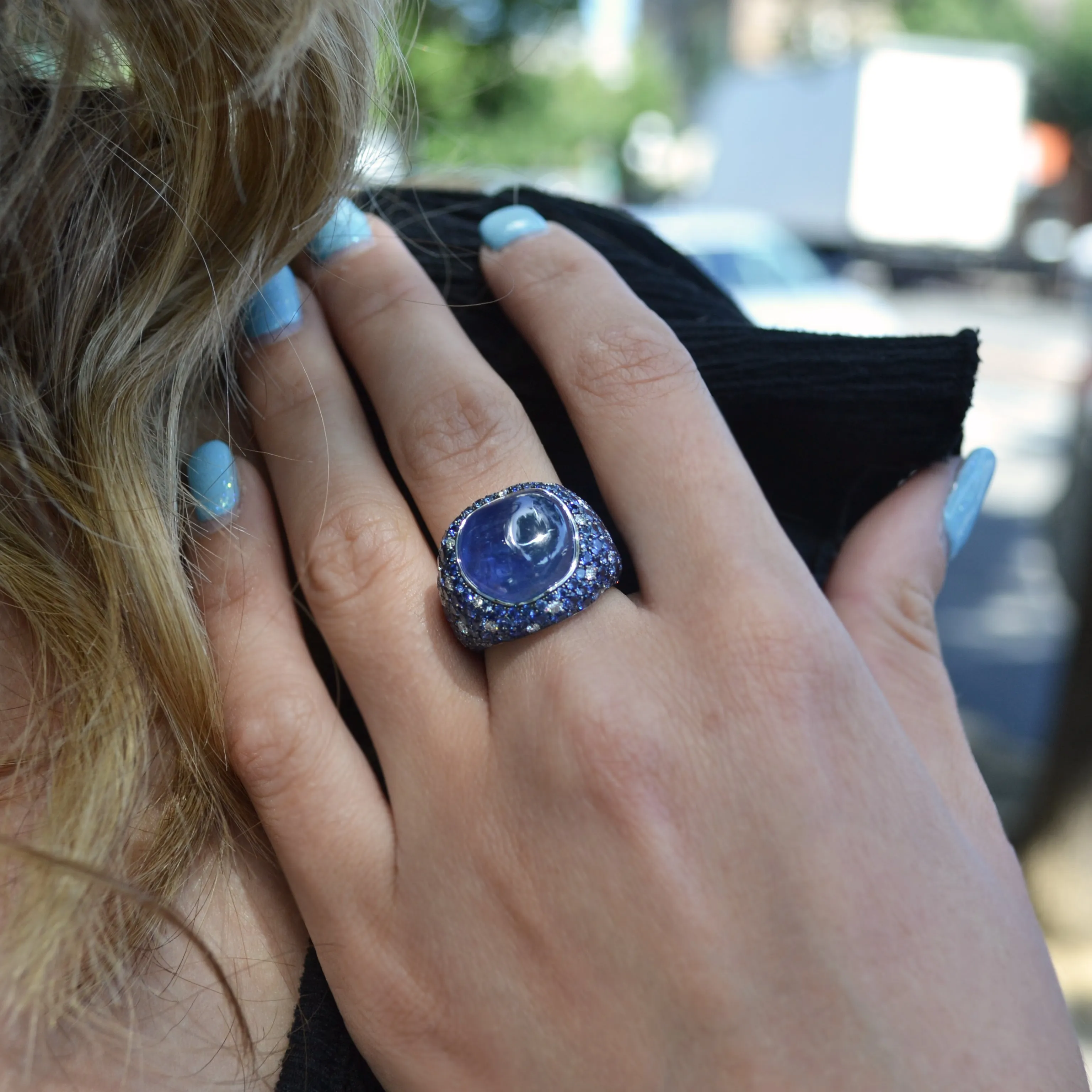 Eclat Jewels - One of a Kind Ring with Blue Sapphires and Diamonds, 18k White Gold